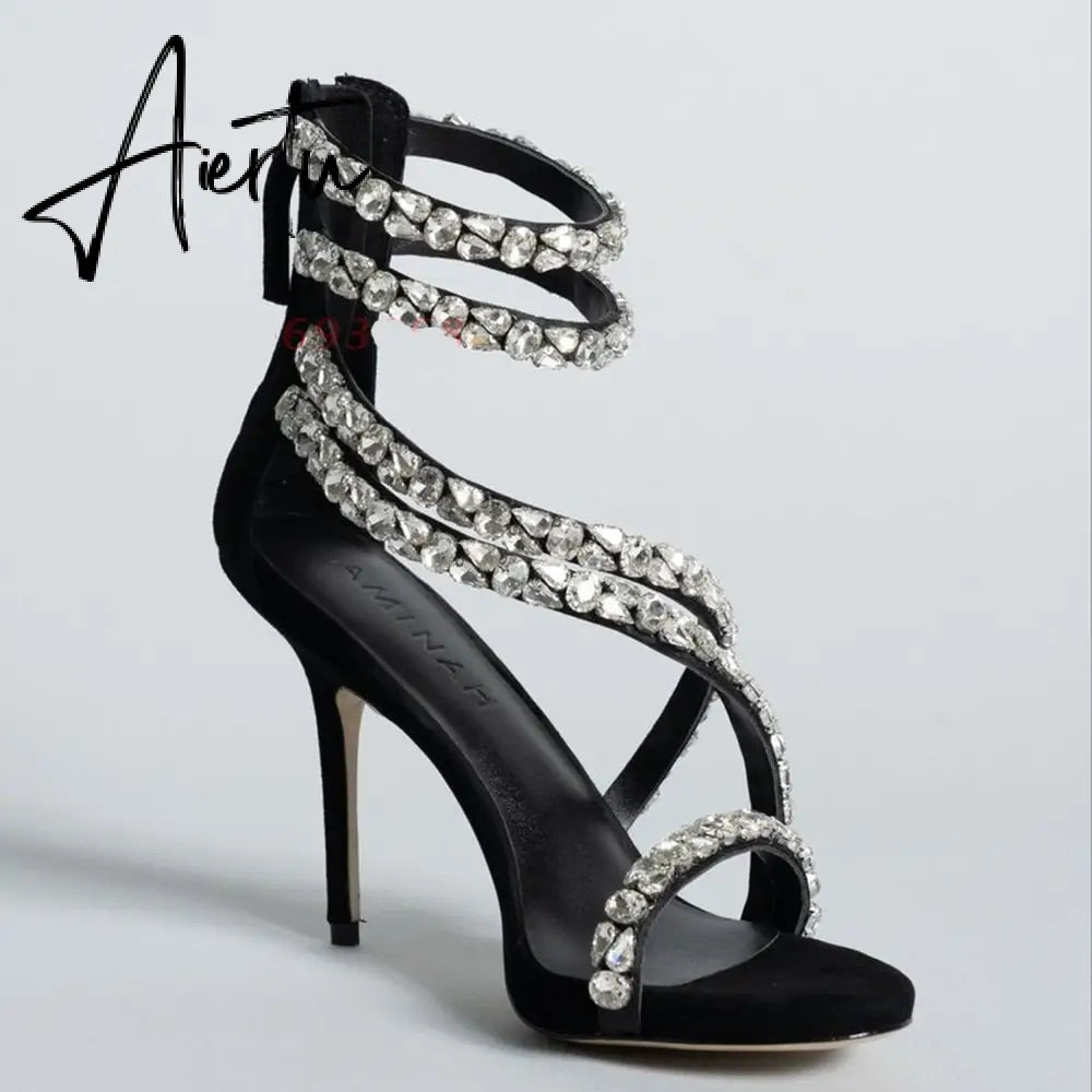 Aiertu  Crystal Straps Women Sandals Back Zipper High Thin Heels Ankle Wrap Sandals Narrow Band Sweet Fashion Casual Party Female Pumps Aiertu
