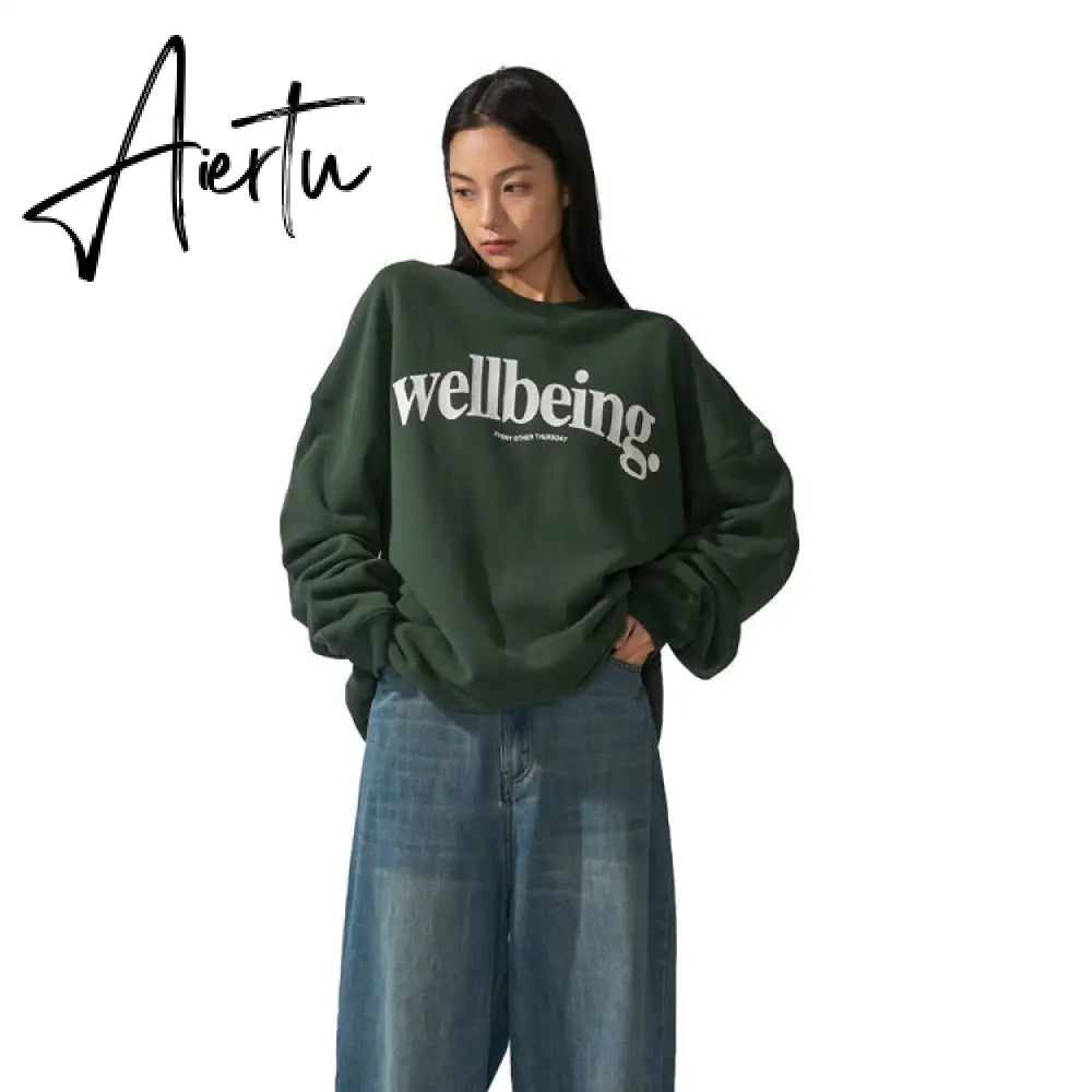 Aiertu Dark Green Letter Printing Sweatshirt Women Crewneck Long Sleeve Loose High Street Harajuku Hoodies Korean Fashion Autumn Winter Aiertu