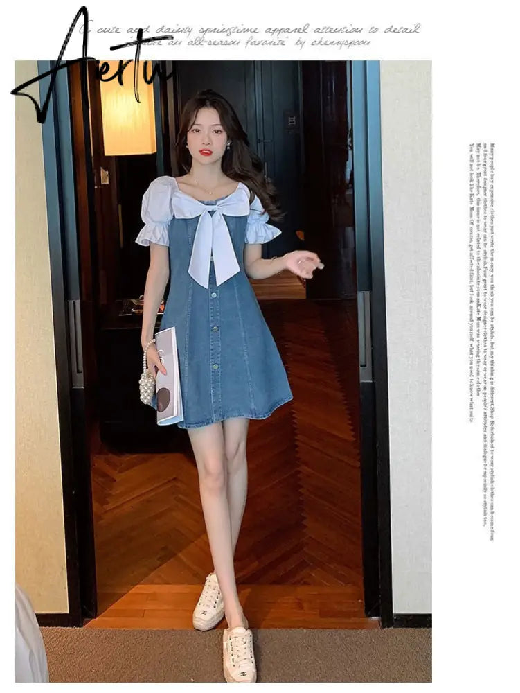 Aiertu Denim Dress Ruffle Jeans Dress Women Slip Off Shoulder Dresses Mesh Patchwork Long Sleeve Clothes Korean Cute Kawaii Lolita Aiertu