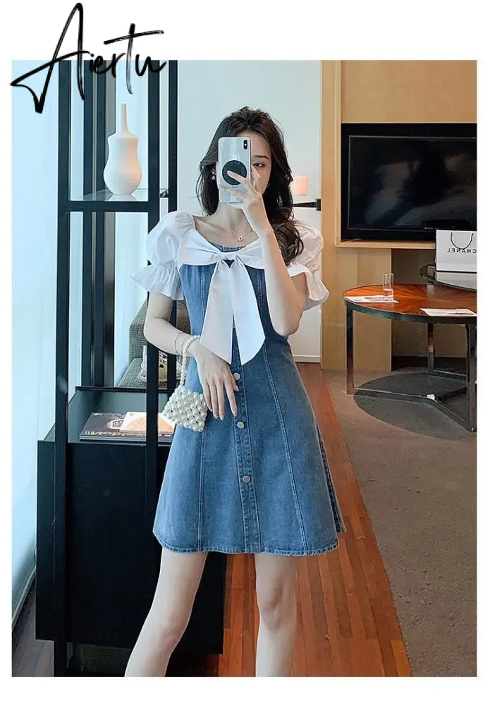Aiertu Denim Dress Ruffle Jeans Dress Women Slip Off Shoulder Dresses Mesh Patchwork Long Sleeve Clothes Korean Cute Kawaii Lolita Aiertu