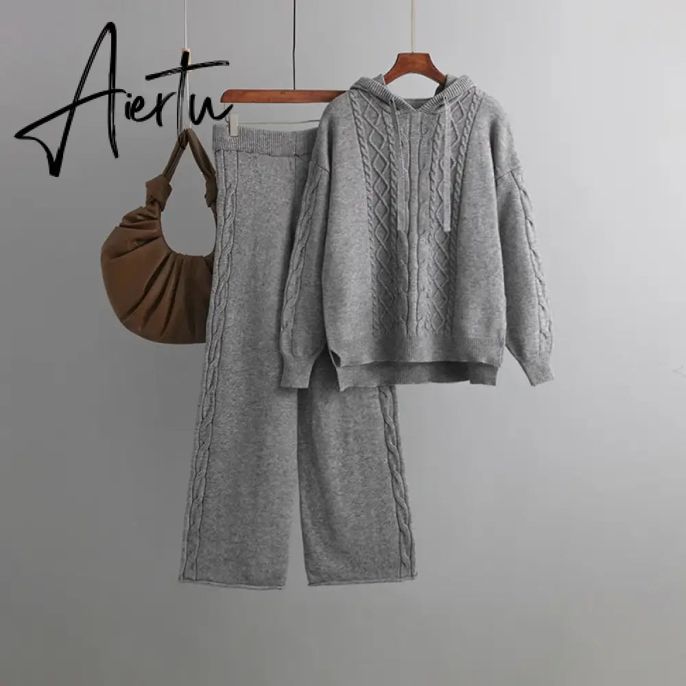 Aiertu Drawstring Hooded Women Knitted Sets Irregular Loose Sweater+Casual Wide Leg Long Pants Winter Warm Two Pieces Suits Aiertu