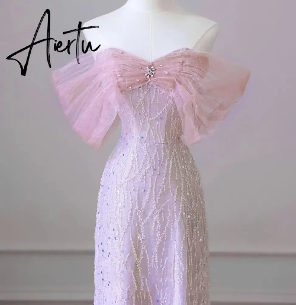 Aiertu Elegant Boat Neck Pink Formal Pearl Evening Dress 2024 Sweet Bow Quinceanera Dress Beading Banquet Party Dresses Vestidos Aiertu