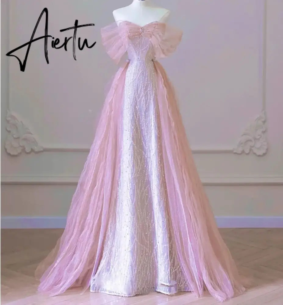 Aiertu Elegant Boat Neck Pink Formal Pearl Evening Dress 2024 Sweet Bow Quinceanera Dress Beading Banquet Party Dresses Vestidos Aiertu