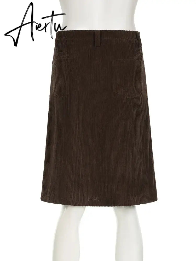 Aiertu  Elegant Fashion Corduroy A-Line Skirt Office Ladies Solid Low-Waited Midi Skirts Women  Autumn Winter Streetwear Aiertu
