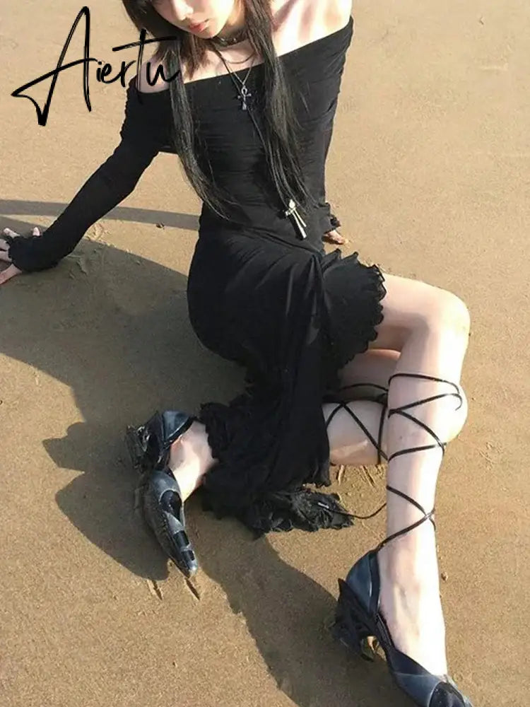 Aiertu  Elegant Fashion Dark Ruffles Split Long Dress Gothic Slash Neck Long Sleeve Maxi Dresses For Women  Holiday Beach Aiertu