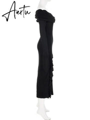 Aiertu  Elegant Fashion Dark Ruffles Split Long Dress Gothic Slash Neck Long Sleeve Maxi Dresses For Women  Holiday Beach Aiertu