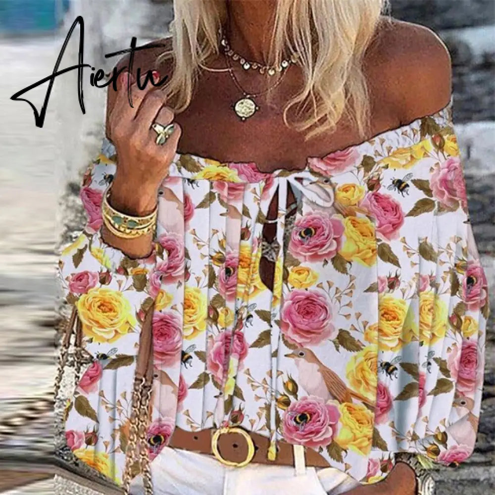 Aiertu Elegant Lace-Up Tassel Chic Blouses Shirts  Summer Vintage Floral Print Boho Tops Women Sexy Off Shoulder Flare Sleeve Blusa Aiertu