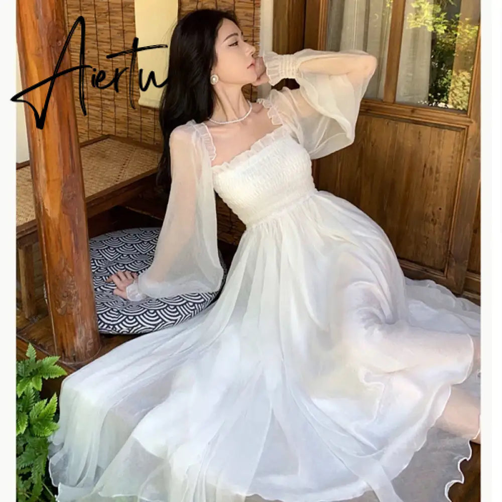 Aiertu Elegant Maxi Dresses For Women White Off Shoulder Puff Long Sleeve Elastic High Waist Party Gown Ruffle Holiday Dress Aiertu