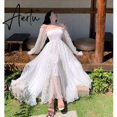 Aiertu Elegant Maxi Dresses For Women White Off Shoulder Puff Long Sleeve Elastic High Waist Party Gown Ruffle Holiday Dress Aiertu