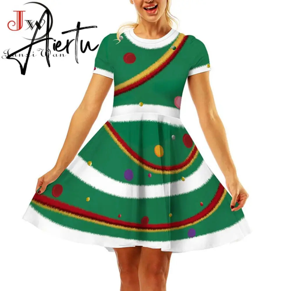 Aiertu  Elegant Print Women Christmas Dress  Short Sleeve High Waist Big Swing Vintage Xmas Party Sundress Casual Robe Femme Aiertu