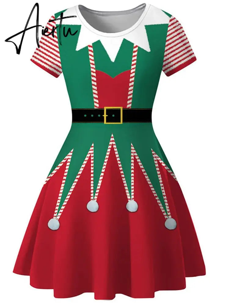 Aiertu  Elegant Print Women Christmas Dress  Short Sleeve High Waist Big Swing Vintage Xmas Party Sundress Casual Robe Femme Aiertu