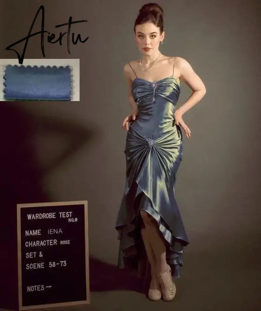 Aiertu Elegant Vintage Olive Green Prom Party Gown Celebrity Dresses Sweetheart Crystal Button Pleat Taffeta Satin Evening Dress Aiertu