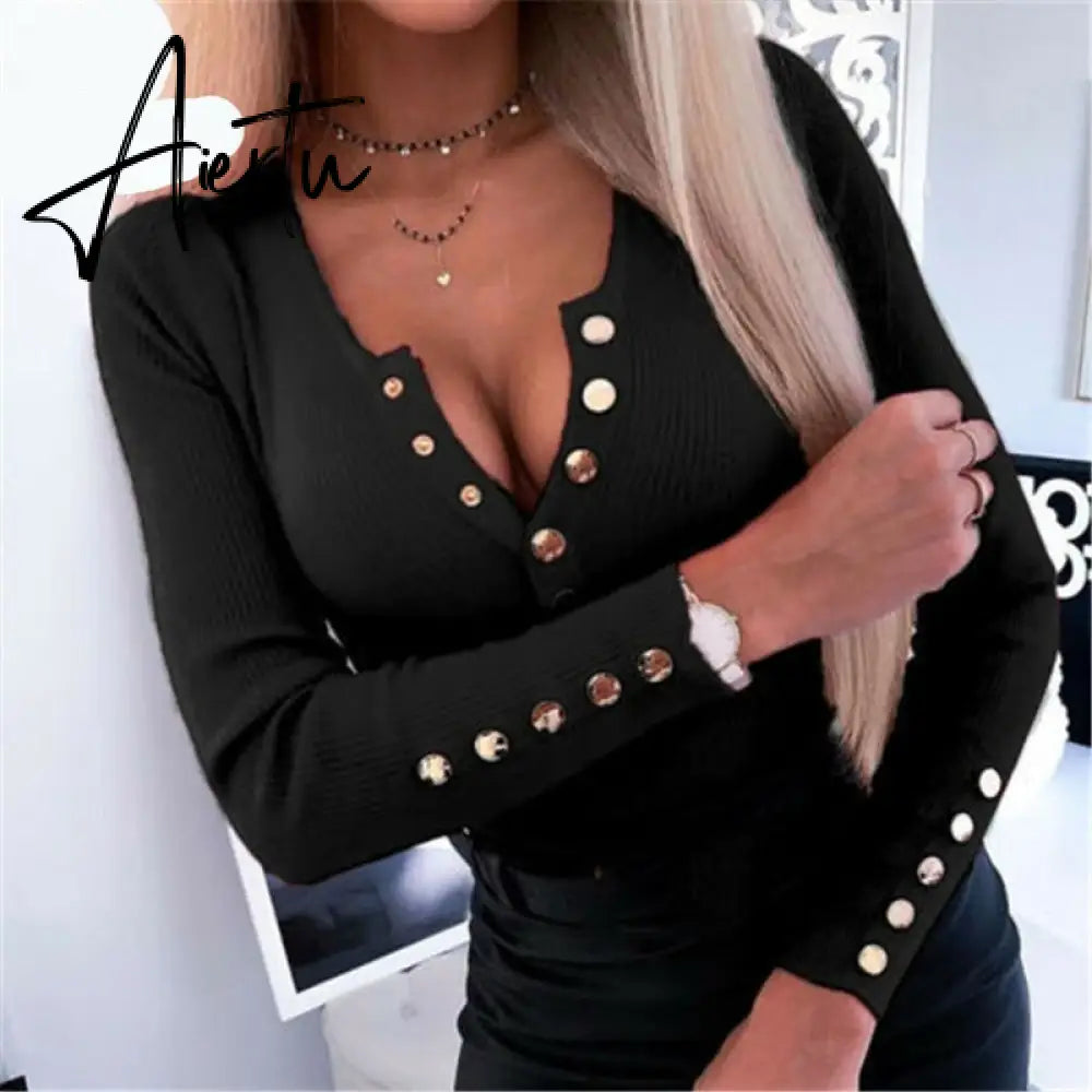 Aiertu Elegant Women Autumn Winter Knitted T-Shirts V-Neck Button Decor Long Sleeve Solid Color Office Lady Slim Pullovers Top Aiertu