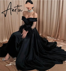 Aiertu Elegantly Off Shoulder A-line Prom Dresses Luxury Brilliant Diamond Long Sleeves Aiertu