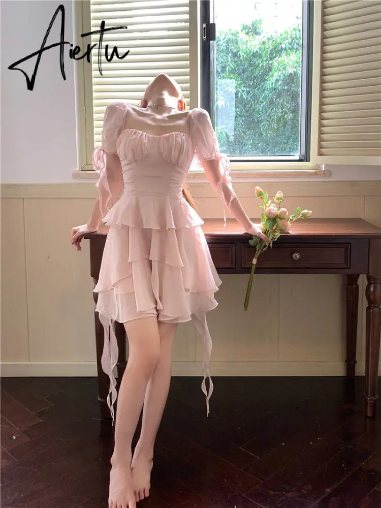 Aiertu Fairy Dress Ruffled Puff Sleeve Dress Solid Square Collar Women's Summer Dress Chic High Waist Sweet Pink Cake Short Fairy Dress Vestidos Aiertu