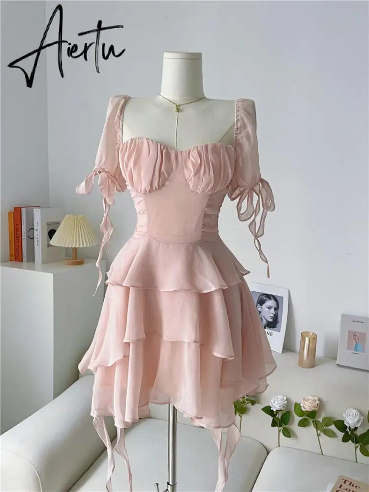 Aiertu Fairy Dress Ruffled Puff Sleeve Dress Solid Square Collar Women's Summer Dress Chic High Waist Sweet Pink Cake Short Fairy Dress Vestidos Aiertu