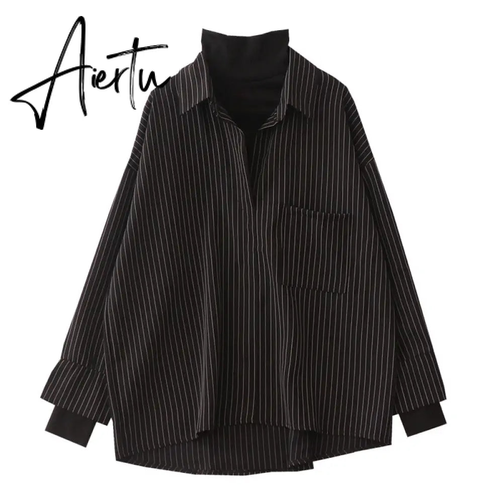 Aiertu Fake Two Piece Striped Shirt Women Patchwork Knitted Turtleneck  Autumn Winter Long Sleeve Casual Loose Female Blouse Tops Aiertu