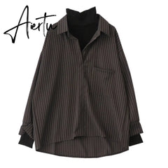 Aiertu Fake Two Piece Striped Shirt Women Patchwork Knitted Turtleneck  Autumn Winter Long Sleeve Casual Loose Female Blouse Tops Aiertu