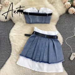 Aiertu  Fashion American Retro Y2K Sexy Denim Suits Women Strapless Mini Top+ Pleated Mini Skirt Vintage Beach Two Pieces Set Aiertu