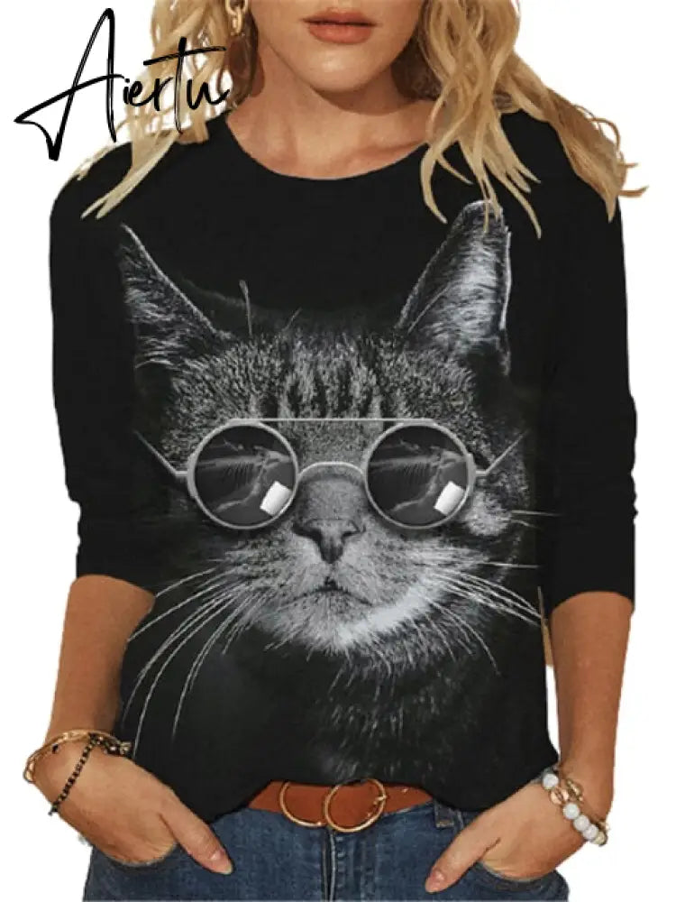 Aiertu Fashion Cool Glasses Cat 3D Print T-shirt Women Casual O-Neck Long Sleeve Tops  Spring Autumn Streetwear Lady Plus Size Tees Aiertu