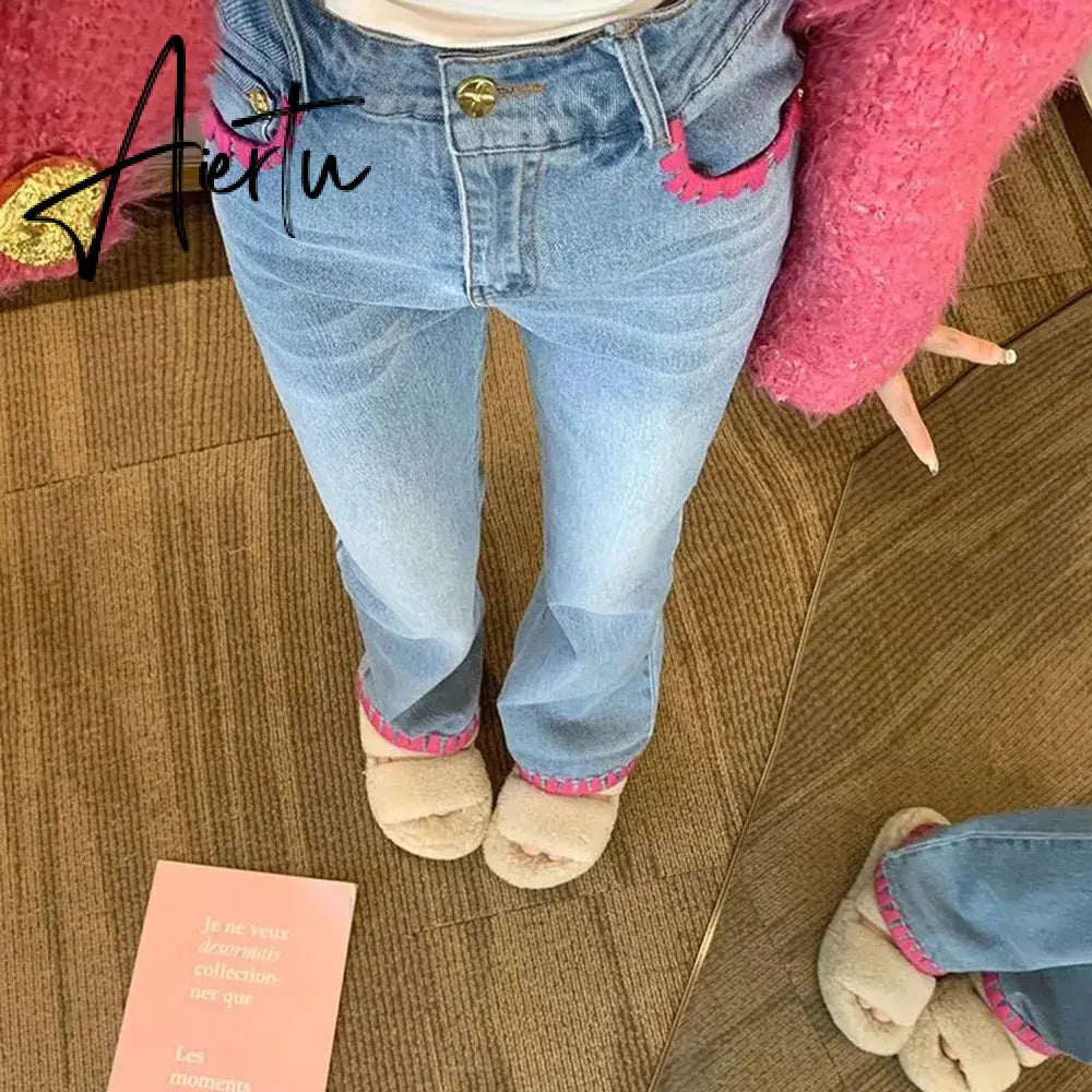 Aiertu Fashion Pink Line Contrast Color Jeans Spring Autumn Chic Denim Trousers Ladies Sweet Slim Wide-leg High Waist Women's Pants Aiertu