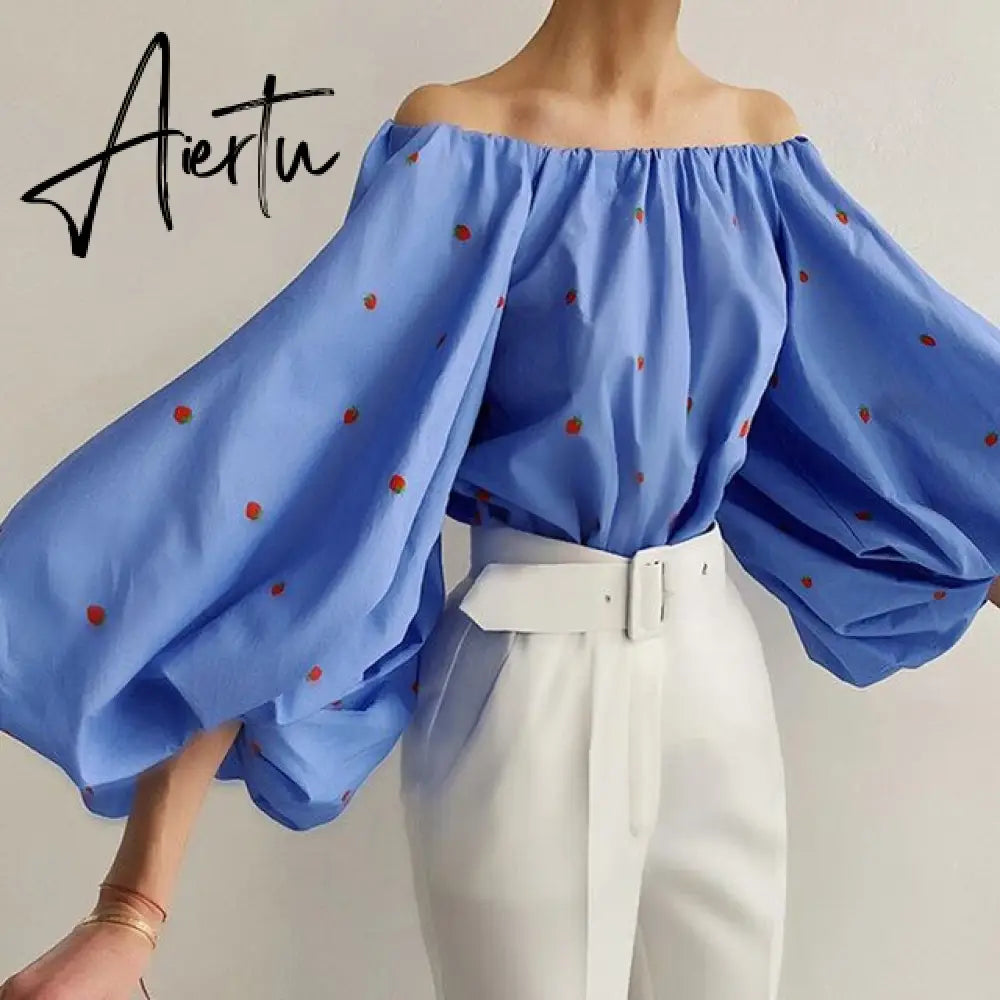 Aiertu Fashion Sexy Off Shoulder Blouses Women Spring Summer Lantern Long Sleeve Print Top Vintage Holiday Elegant Shirt Blusas Aiertu