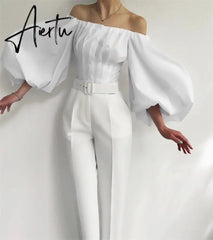 Aiertu Fashion Sexy Off Shoulder Blouses Women Spring Summer Lantern Long Sleeve Print Top Vintage Holiday Elegant Shirt Blusas Aiertu