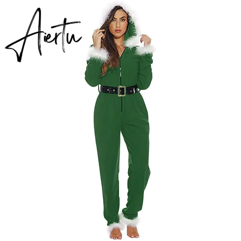 Aiertu  Fashion Women Men Unisex Solid Color Winter Pajama Long Sleeve Feathers Zipper Hooded Plush Christmas Romper With Belt Aiertu