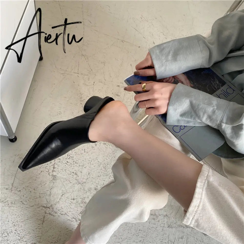 Aiertu Fashion Women Sandals Slippers Roman Style Slides Party Pumps Thick Square Heeled Black/White Mules Shoes Pointed Toe Slides 9.5 Aiertu