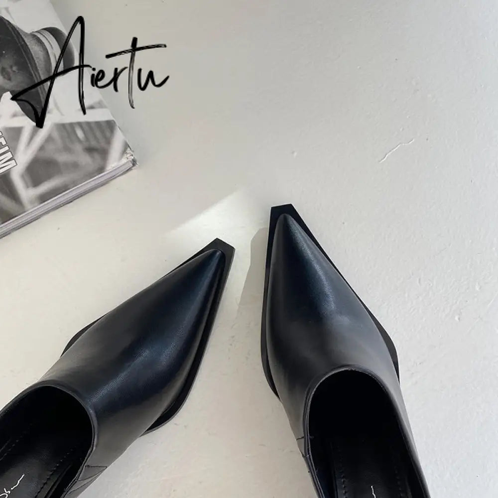 Aiertu Fashion Women Sandals Slippers Roman Style Slides Party Pumps Thick Square Heeled Black/White Mules Shoes Pointed Toe Slides 9.5 Aiertu