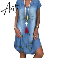Aiertu Fashion Women's Summer Jeans Dress Short Sleeve Chrysanthemum Print Irregular Hem Loose Denim Dress Casual Vintage Women Dress Aiertu