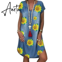 Aiertu Fashion Women's Summer Jeans Dress Short Sleeve Chrysanthemum Print Irregular Hem Loose Denim Dress Casual Vintage Women Dress Aiertu