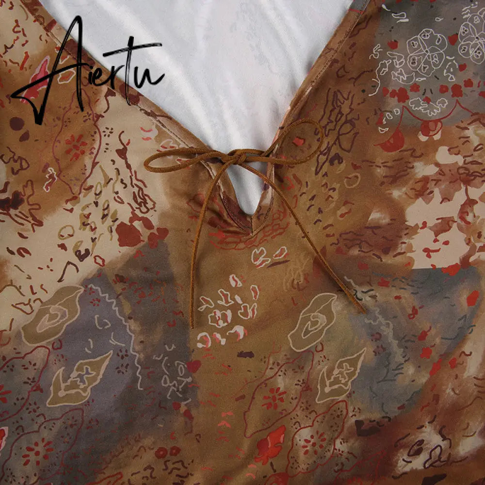 Aiertu Flared Sleeve V Neck Tie Up Vintage Print Y2K A Line Dress Split Elegant Sexy Fairycore Grunge Womens Autumn Dresses Aiertu