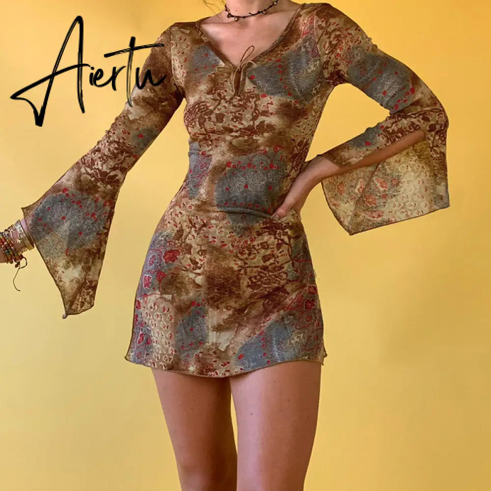 Aiertu Flared Sleeve V Neck Tie Up Vintage Print Y2K A Line Dress Split Elegant Sexy Fairycore Grunge Womens Autumn Dresses Aiertu
