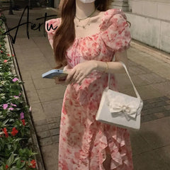 Aiertu Floral Dresses Women Irregular Korean Style Slit Casual Ankle-length Ins Summer Fashion Puff Sleeve Ruffles Female Chic Tender Aiertu