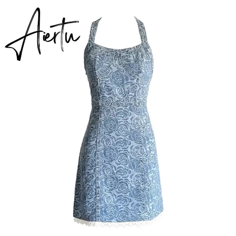 Aiertu  Floral Pattern Women Denim Dress with Lace Trim Lacing Backless Halter Corset Miniskirt Summer New Vintage Y2k Clothes Aiertu