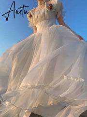 Aiertu French Elegant Princess White Dress Women Sexy Backless Sweet Vintage Lolita Dress Female  Korean Casual Long Fairy Dresses Aiertu