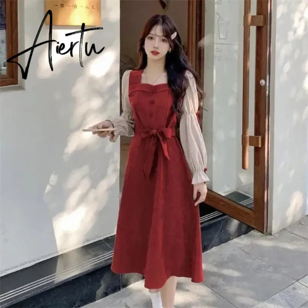 Aiertu French Style Square Collar Flare Sleeve Dresses Women Vintage Waist Red Corduroy Dress Woman Autumn Patchwork Midi Dress Aiertu