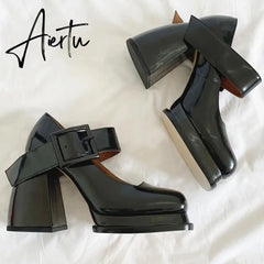 Aiertu Gothic High-heeled Shoes Women Pumps Korean Version of The Wild Thick with Square Head Retro Mary Jane Women's Shoes P45 Aiertu