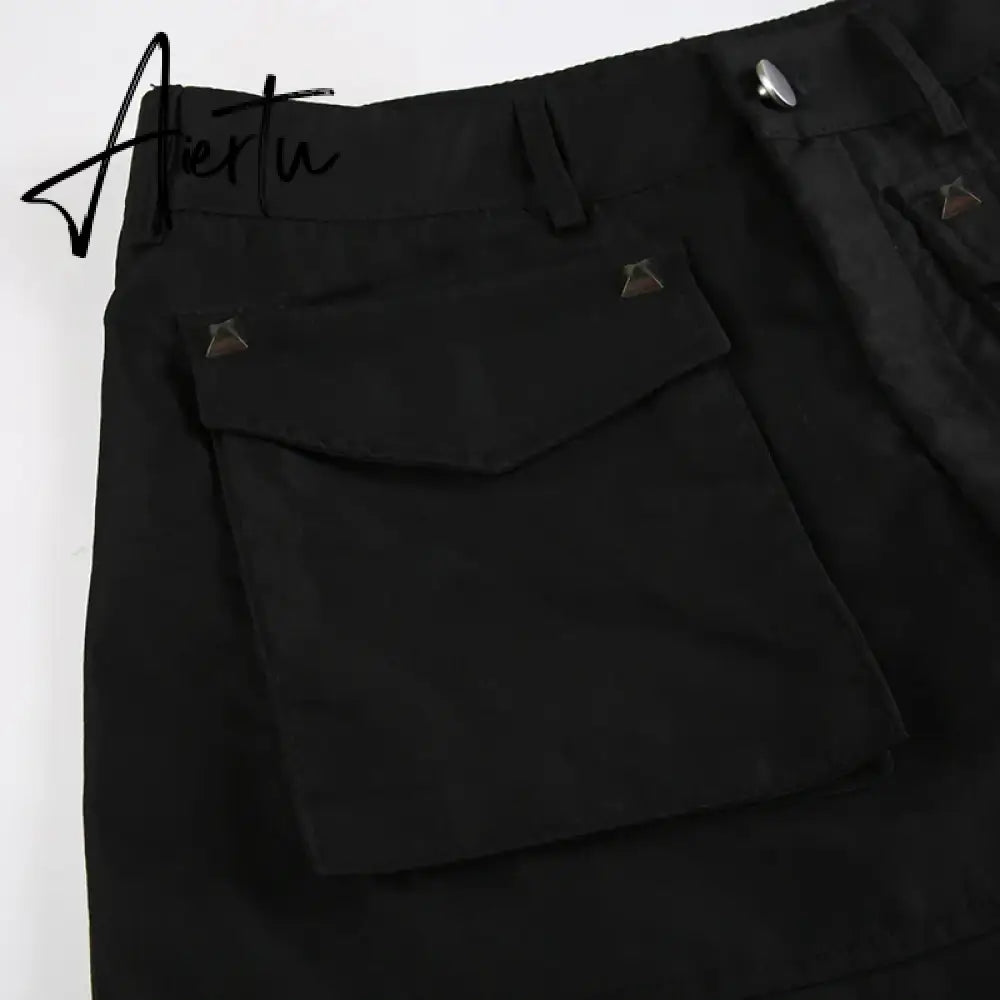 Aiertu  Gothic Pockets Rivet Split Skirt Dark Solid Mid-Waisted A-Line Maxi Skirts Women  Autumn Winter Fashion Streetwear Aiertu
