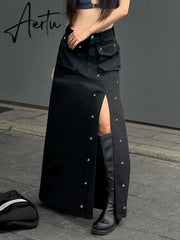 Aiertu  Gothic Pockets Rivet Split Skirt Dark Solid Mid-Waisted A-Line Maxi Skirts Women  Autumn Winter Fashion Streetwear Aiertu
