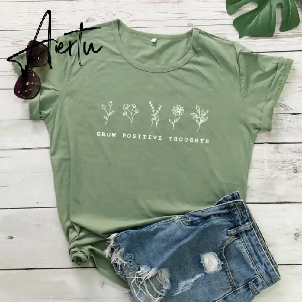 Aiertu Grow Positive Thoughts T-shirt Vintage Women Floral Print Tshirt Summer Inspired Slogan Graphic Boho Tee Top Mental Health Shirt Aiertu