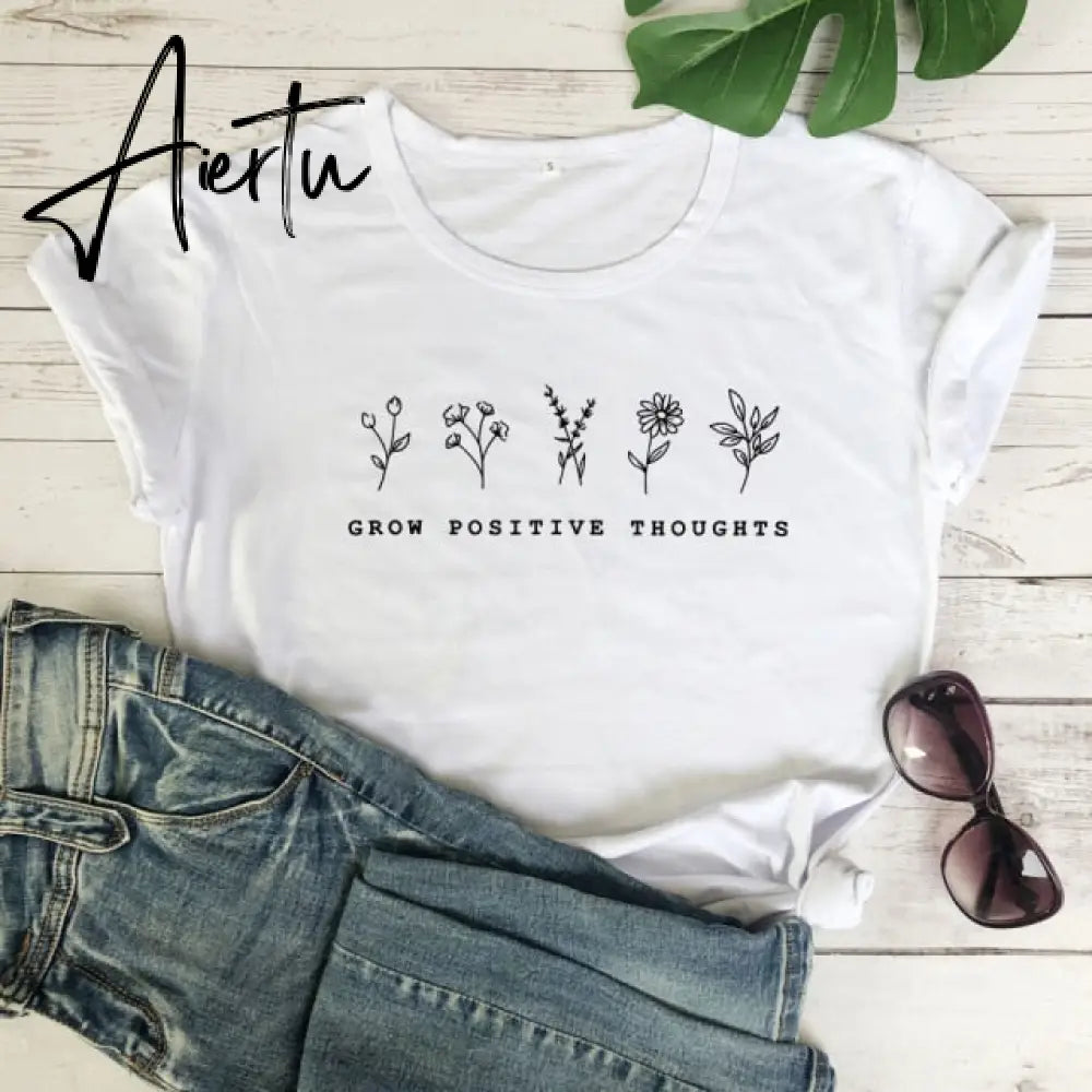 Aiertu Grow Positive Thoughts T-shirt Vintage Women Floral Print Tshirt Summer Inspired Slogan Graphic Boho Tee Top Mental Health Shirt Aiertu