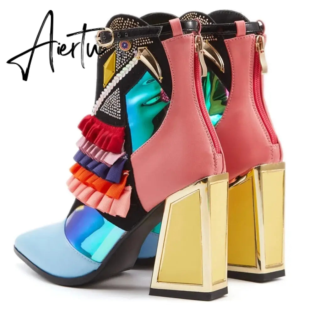 Aiertu High Heel Ankle Boots Bling Bling Novelty Heels Ruffles Party Short Boots For Women Pointed Toe Modern Runway Heel Shoes Ethnic Aiertu