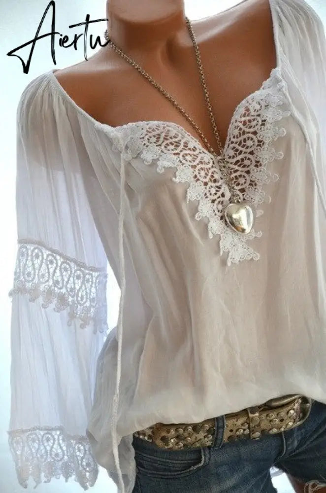 Aiertu High quality large size cotton and linen women's blouse spring new tops V-neck lace long sleeve women's shirt Aiertu