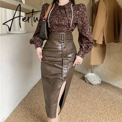 Aiertu High Waist Slim Split PU Skirt For Women  Autumn Winter Fashion Wrap Hip Pleats Leather Lady Asymmetry Sexy Mid-long Skirts Aiertu