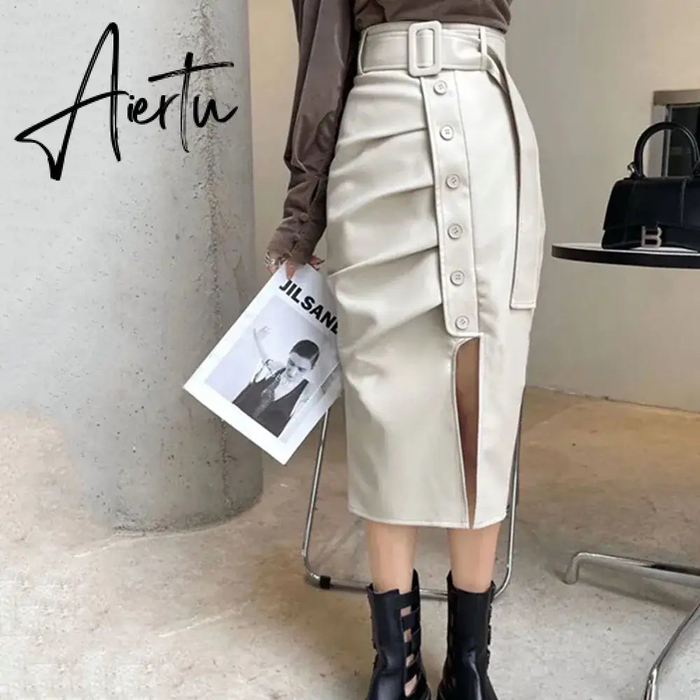 Aiertu High Waist Slim Split PU Skirt For Women  Autumn Winter Fashion Wrap Hip Pleats Leather Lady Asymmetry Sexy Mid-long Skirts Aiertu
