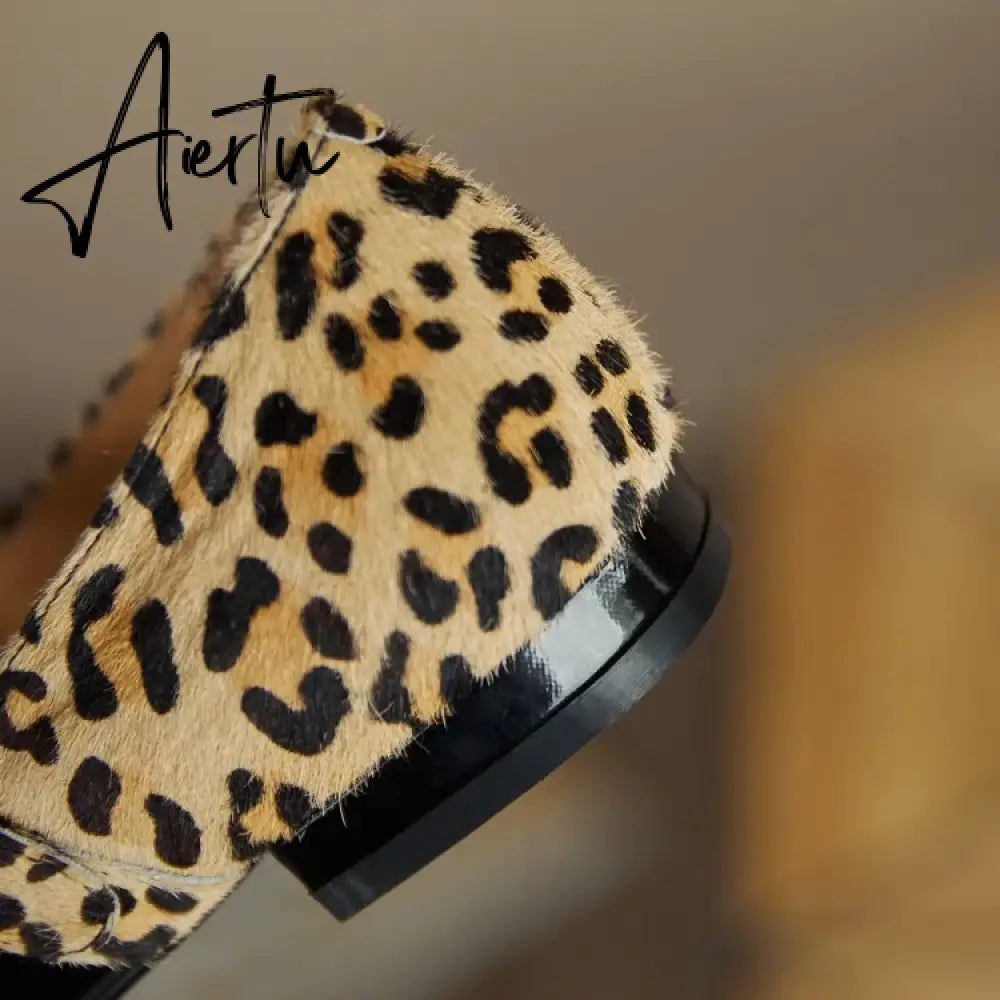 Aiertu HOT SALE Spring Women Pumps Patent Leather Round Toe Splicing Leopard Print One-line Buckle Low-heel Women Shoes Mary Jane Shoes Aiertu
