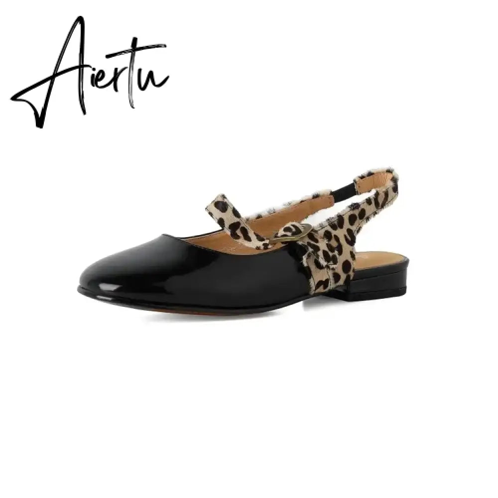 Aiertu HOT SALE Spring Women Pumps Patent Leather Round Toe Splicing Leopard Print One-line Buckle Low-heel Women Shoes Mary Jane Shoes Aiertu