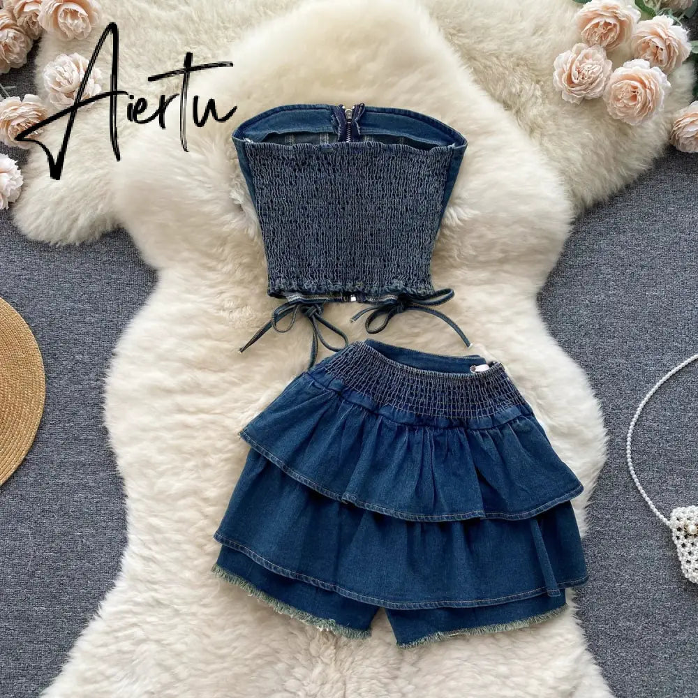 Aiertu  Hotsweet Denim Two Pieces Sets Zipper Strapless Y2K Top+Elastic Mini Culottes Lace Up Cross Bandage Streetwear Suits Aiertu